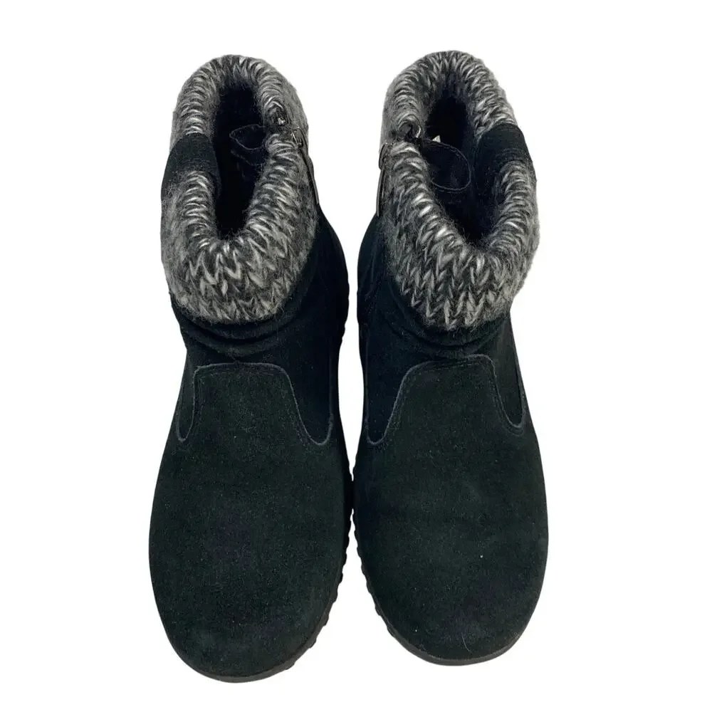 Khombu Womens 6 Black Ankle All Weather Boots Suede Round Toe Knit Top Shoes